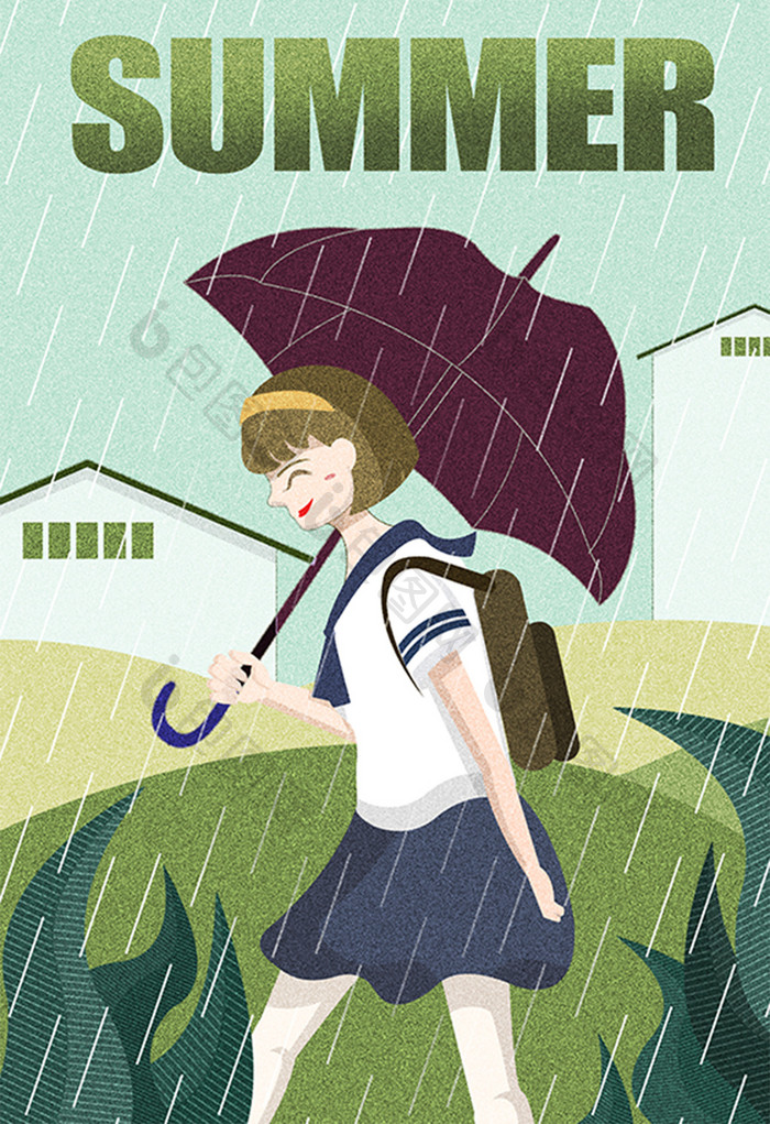 夏季雨天女孩放学路上插画