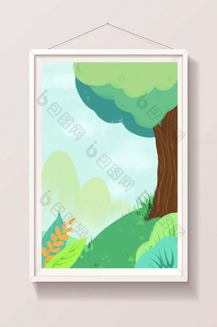 夏季山丘风景树木绘本场景海报背景设计素材