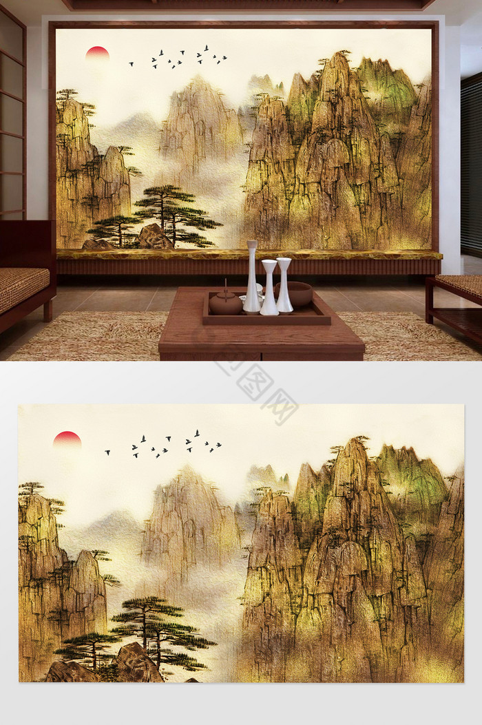 新中式金色山水意境风电视背景墙图片