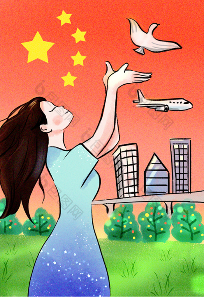 中国梦放飞梦想女神科技发展国旗插画图片