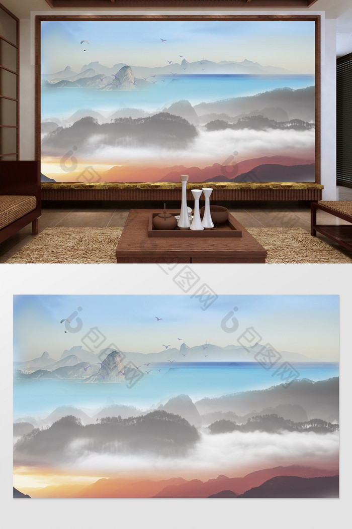 大气新中式山水电视背景墙图片图片