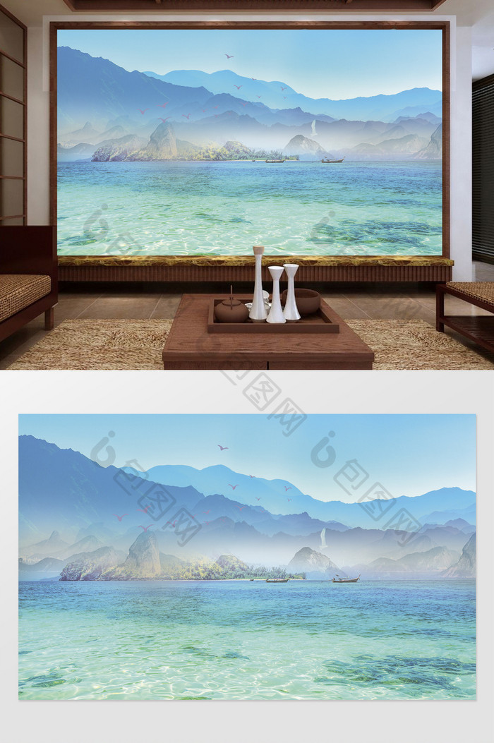 清新中式山水风景电视背景墙