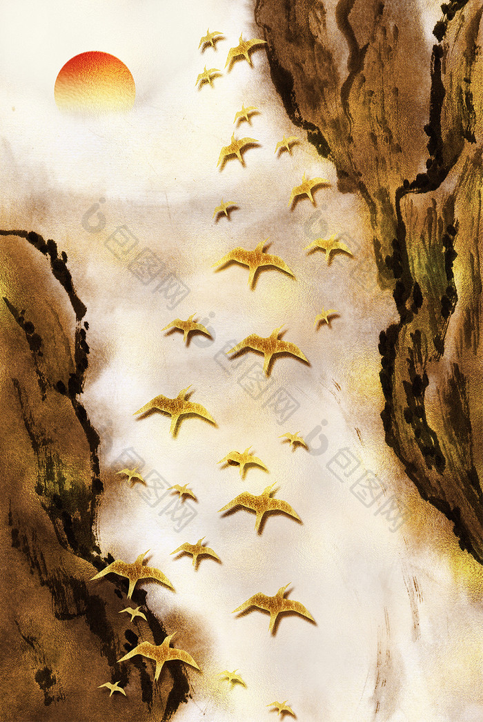 新中式金色山水飞鸟风景抽象装饰画