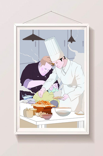 暖色厨师烹饪制作食材场景清新唯美插画图片