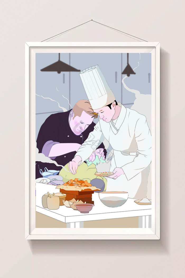 暖色厨师烹饪制作食材插画图片
