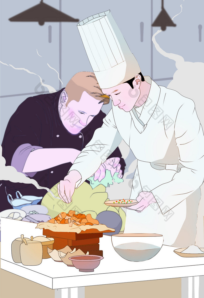 暖色厨师烹饪制作食材场景清新唯美插画