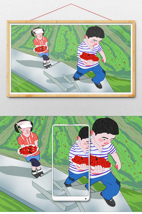 草莓园摘草莓小孩子插图片