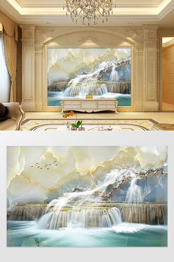 高清3D大理石纹山水花日出背景墙飞天瀑布图片