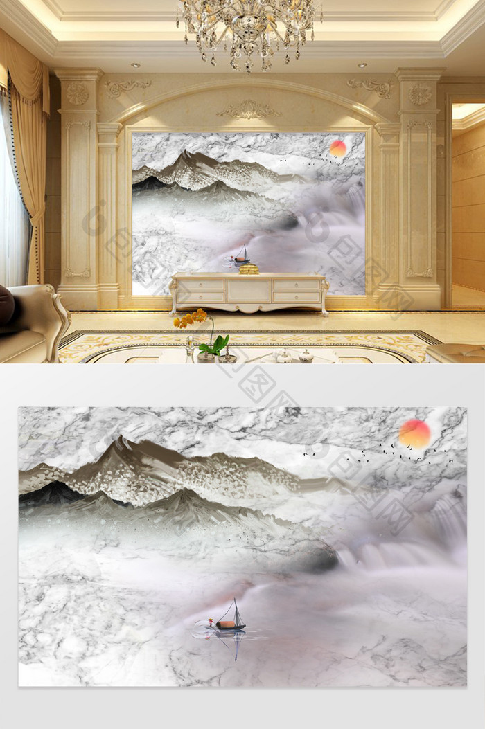 大理石纹理流水山峦定制电视背景墙