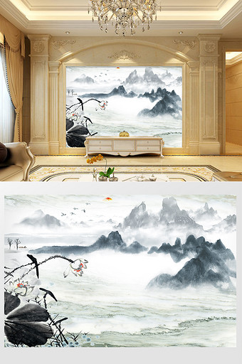 中式大理石纹水墨山水背景墙图片