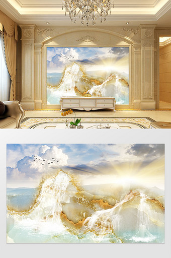 高清3D大理石纹山水花日出背景墙山间瀑布图片
