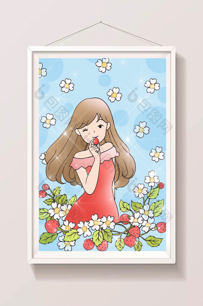 夏日草莓少女插画图片
