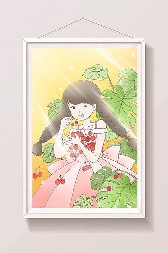 夏日水果樱桃少女插画图片