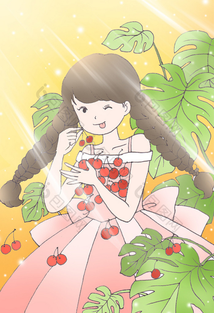 夏日水果樱桃少女插画