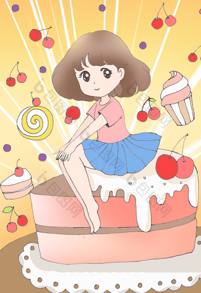 美食甜品少女插画