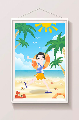 蓝色清新海滩男孩游泳玩耍大暑插画图片