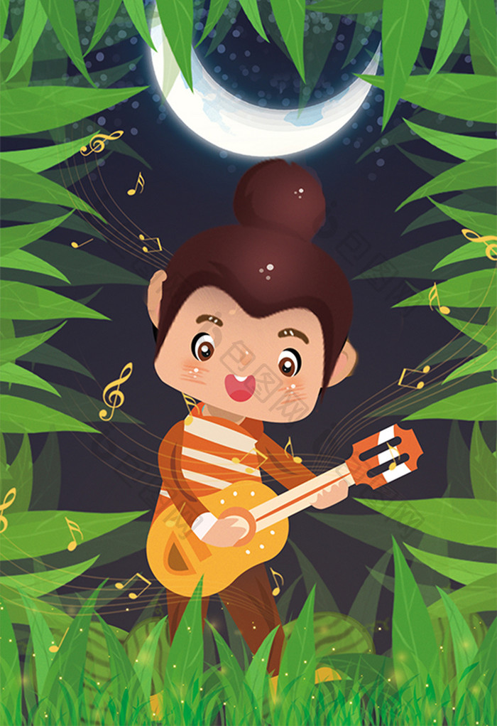 卡通暑假生活树林弹吉他的少年插画设计