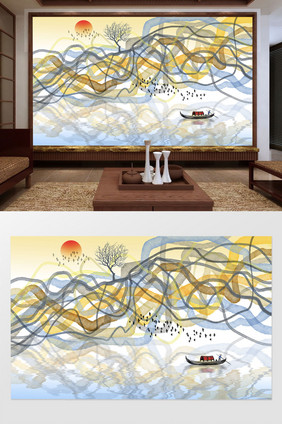 新中式现代抽象山水背景墙装饰画