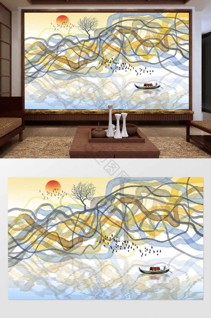 新中式现代抽象山水背景墙装饰画图片