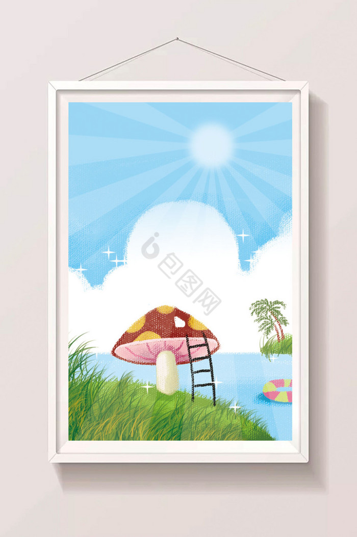 夏日夏至蓝天白云蘑菇屋海边度假插画图片