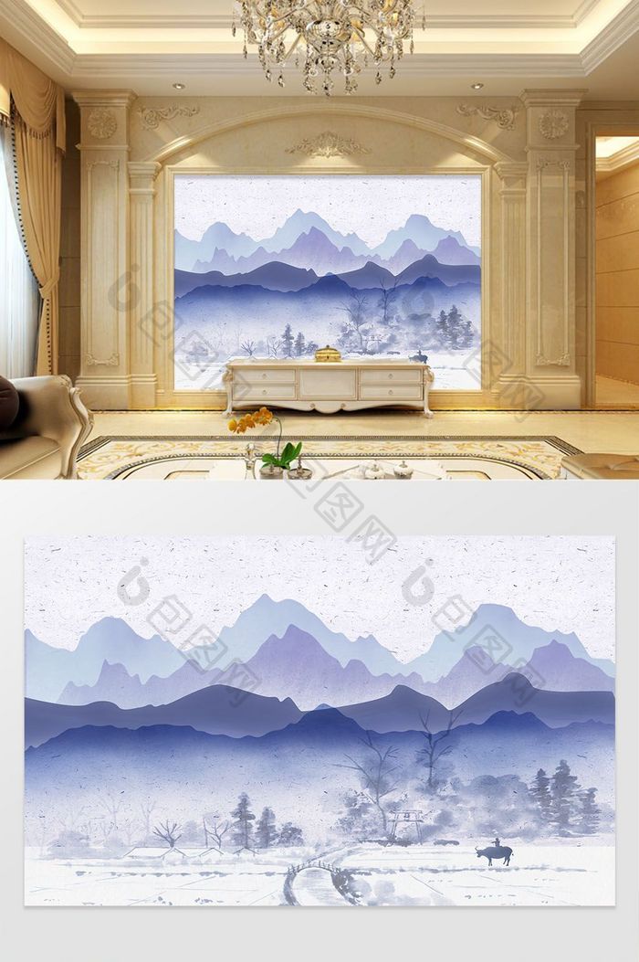 新中式禅意抽象山水背景墙壁画