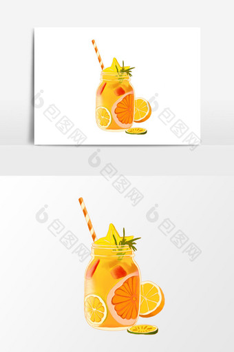 橙色夏天水果茶手绘素材图片