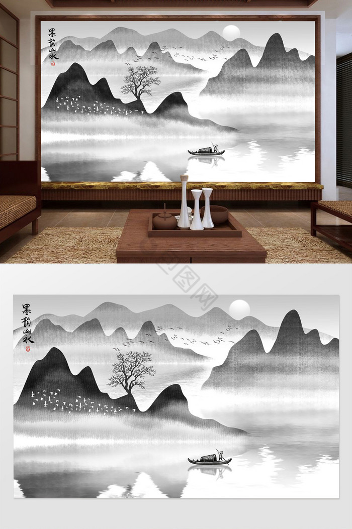 新中式写意抽象山水背景装饰壁画图片