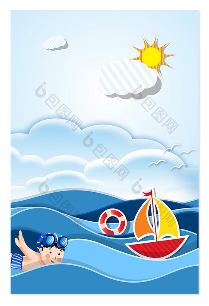 夏日游泳休闲卡通广告设计背影图