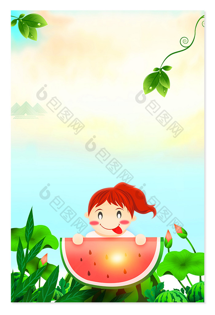 夏日吃瓜的小孩卡通广告设计背影图