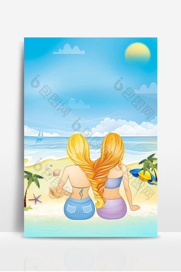 夏日海滩休闲美女卡通广告设计背影图