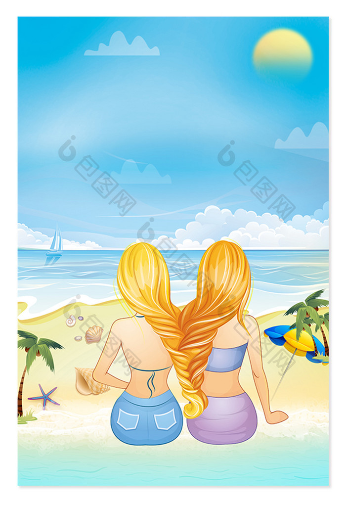 夏日海滩休闲美女卡通广告设计背影图