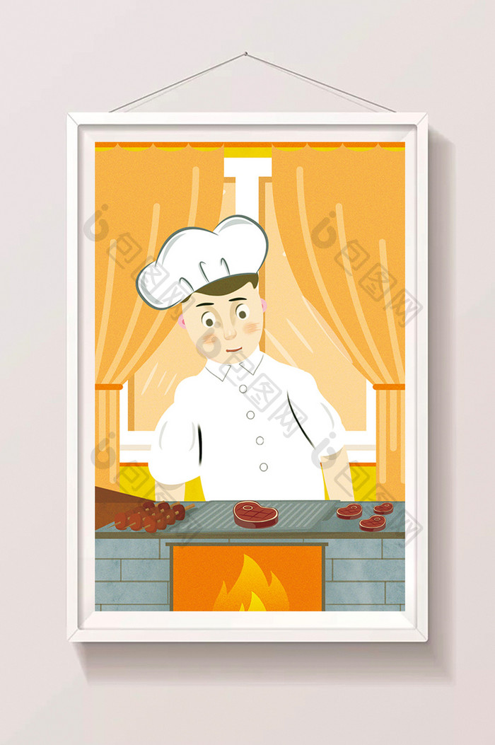 扁平可爱暖色美食食物铁板烧插画设计
