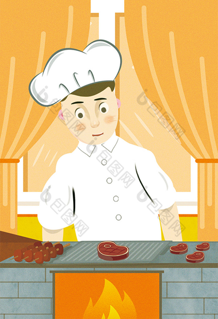 暖色食物铁板烧插画图片