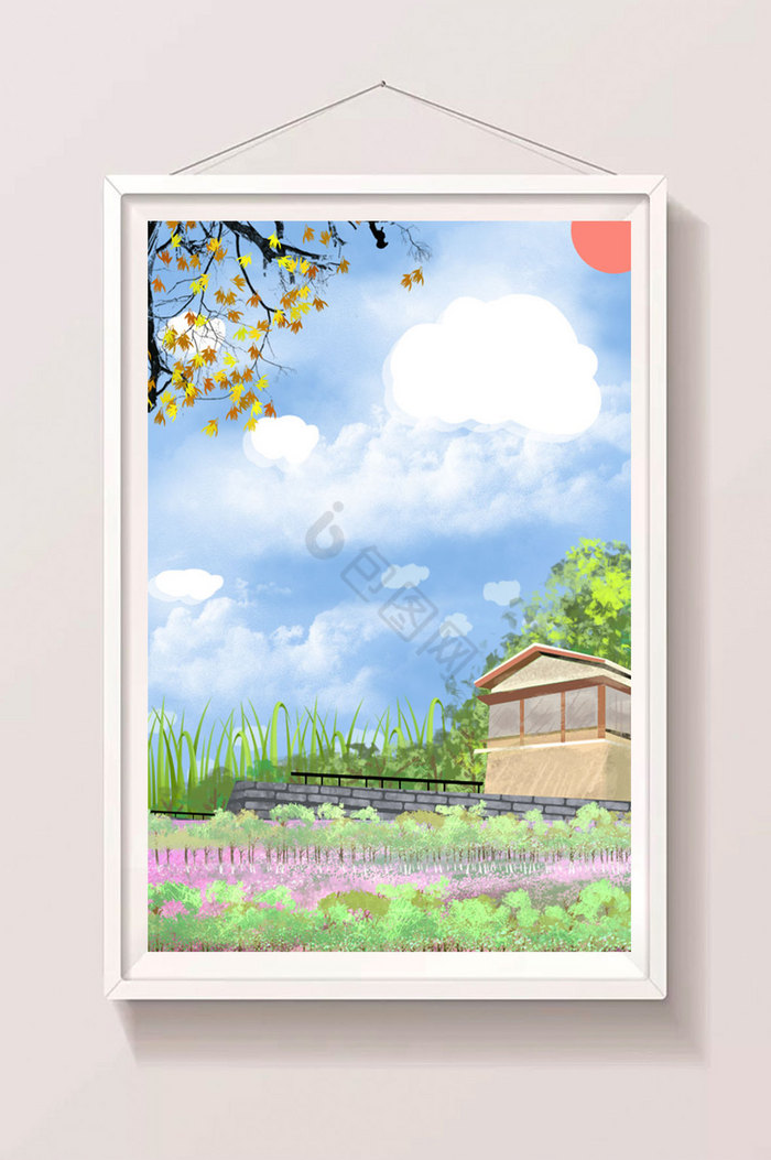 夏日花田树林围墙蓝天白云图片