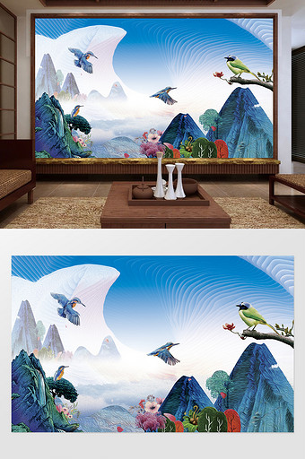 中式风格油画飞鸟花卉风景画复古电视背景图图片