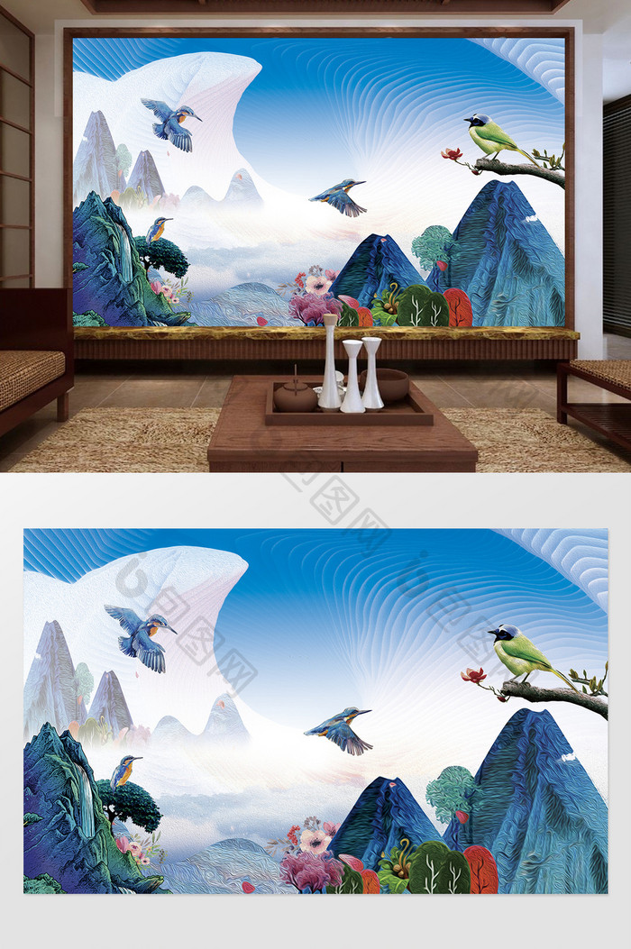 中式风格油画飞鸟花卉风景画复古电视背景图