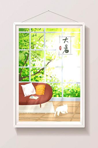 唯美小清新手绘大暑落地窗室内猫插画图片
