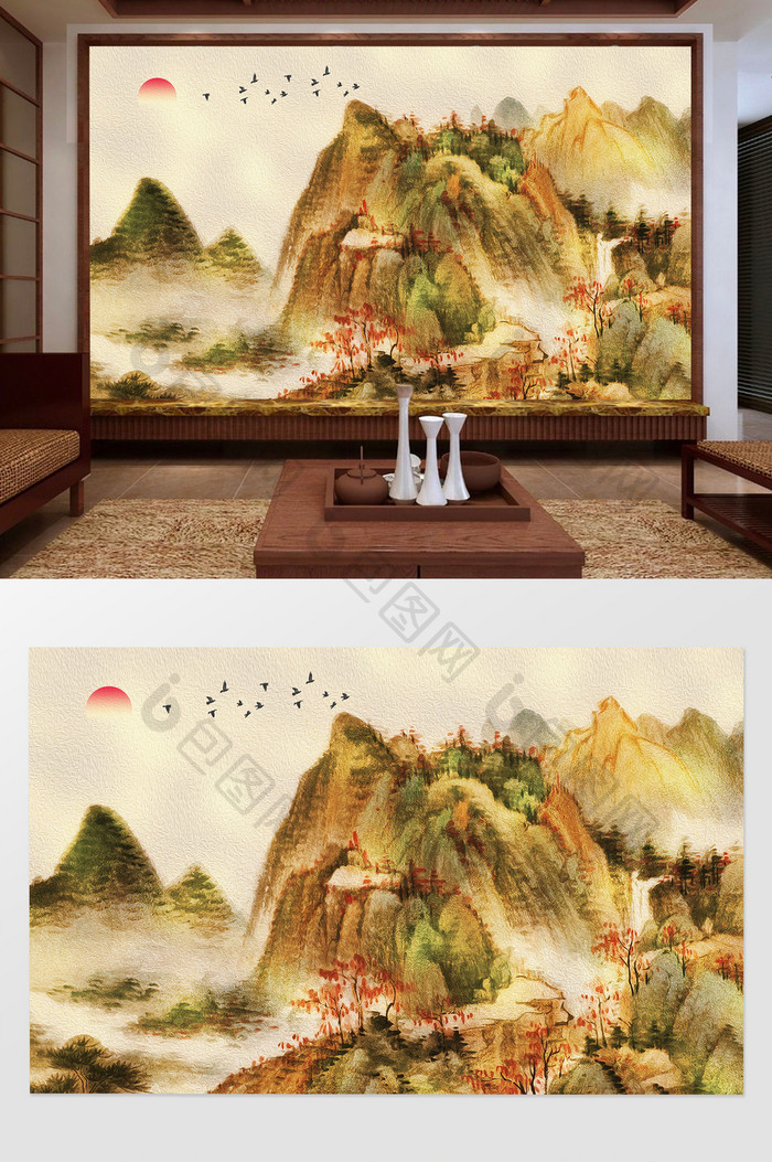 新中式金色山水飞鸟客厅背景墙