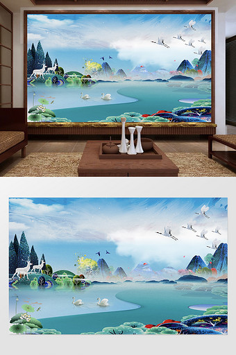新中式油画天鹅 白鹤 白鹿 森林风景画图片