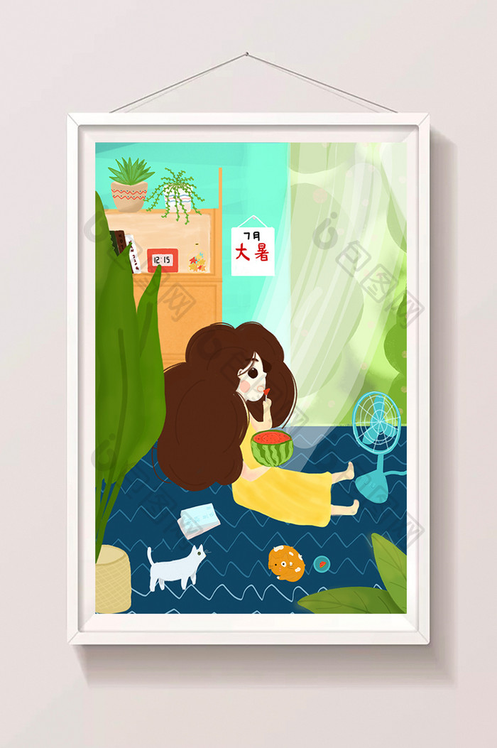 清新可爱暑期生活少女和猫室内吃西瓜插画