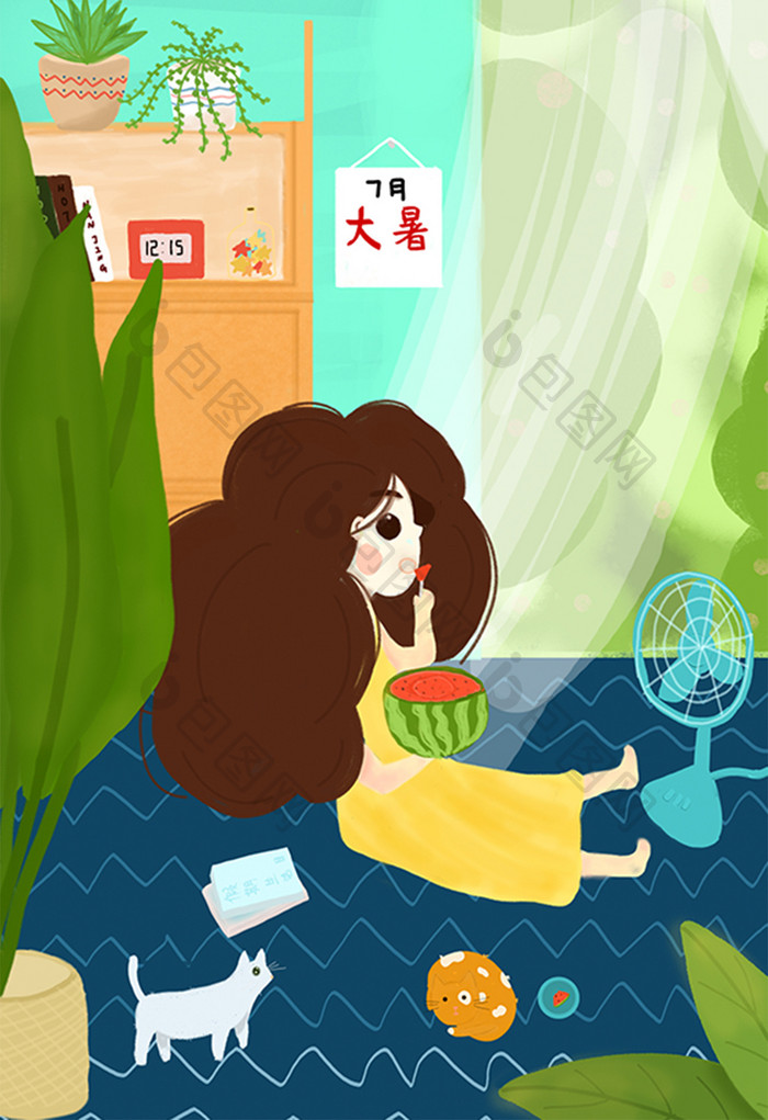 清新可爱暑期生活少女和猫室内吃西瓜插画