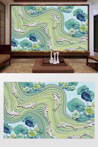新中式荷花九鱼图抽象线条背景墙图片