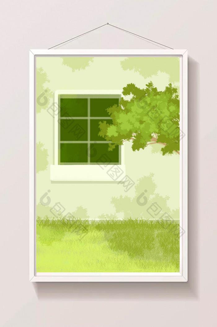 绿色小清新窗户树荫插画背景