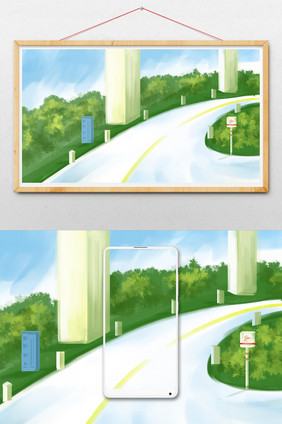 蓝色调清新简洁高速公路插画背景