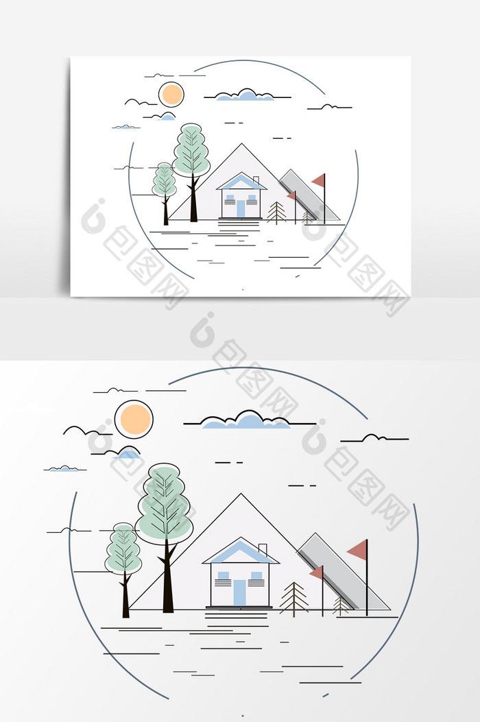 卡通手绘扁平山景房元素图案素材