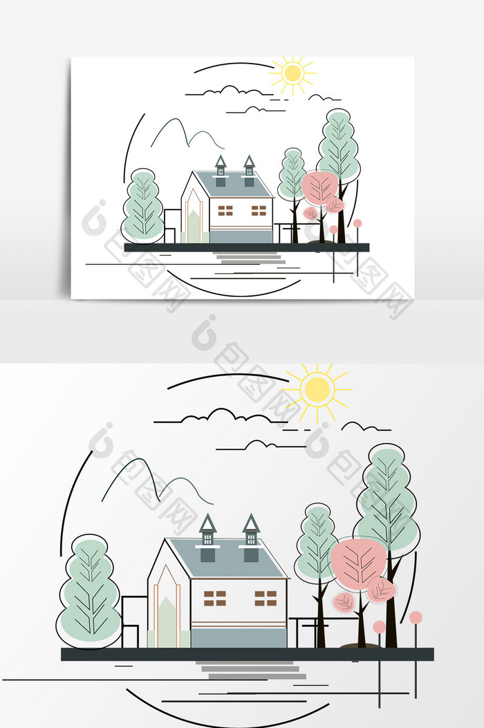 卡通手绘扁平小屋子元素图案素材