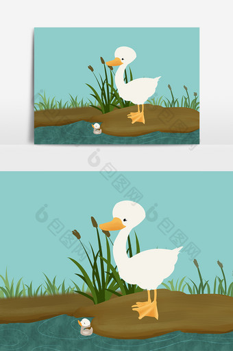 卡通手绘河边小鸭子多元素图案素材图片