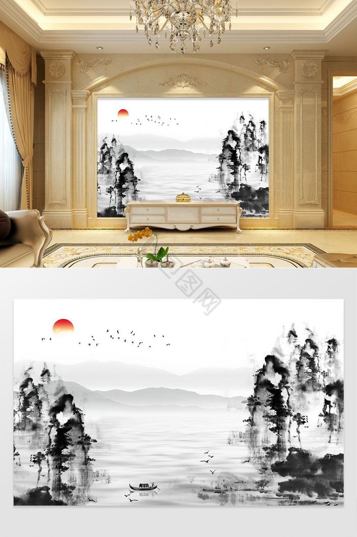 新中式水墨山水意境风电视背景墙图片