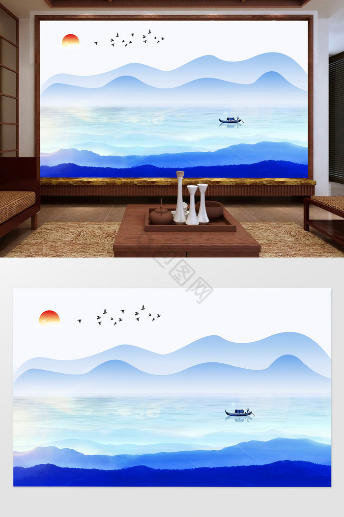 新中式蓝色山水意境电视背景墙图片
