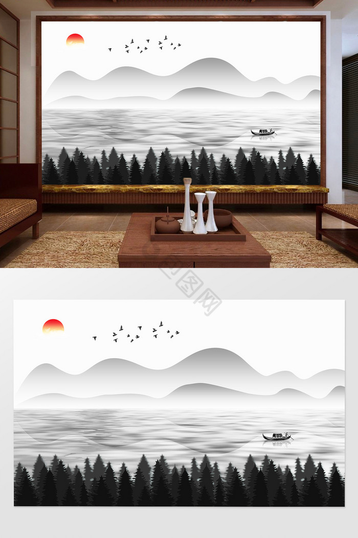 新中式山林飞鸟电视背景墙图片
